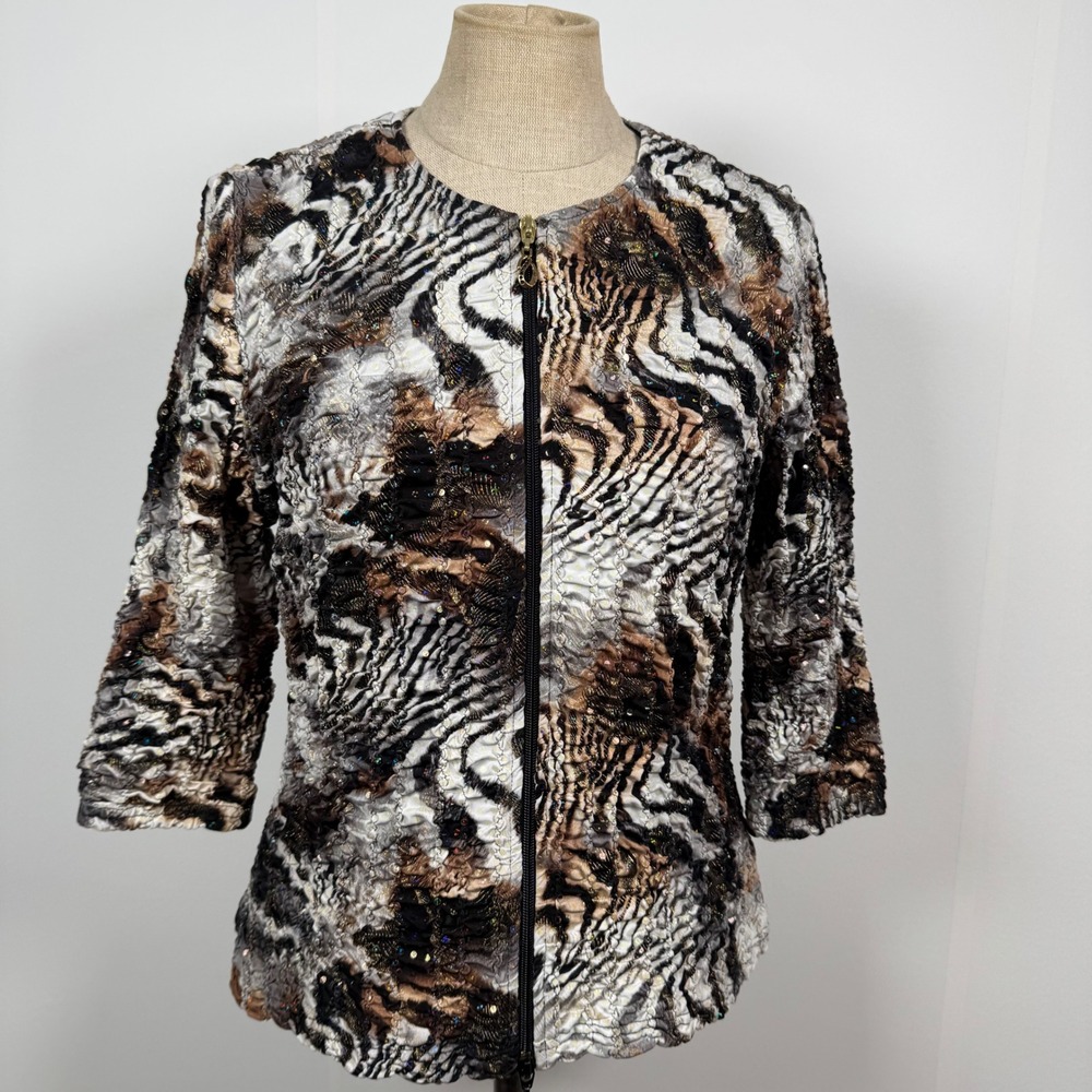 Joseph Ribkoff Zip Jacket 10 Brown Animal Print Sequin Glam Crinkle Maximal Bold